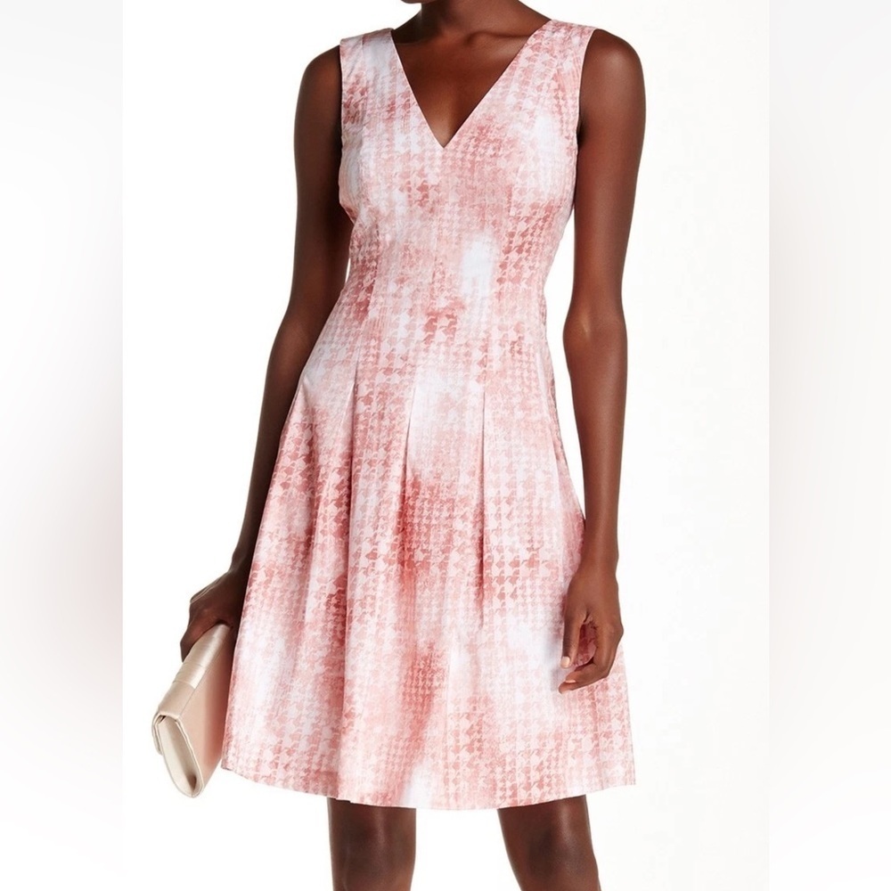 Anne Klein Pink Shell Cotton Sateen Tie Dye Print V-Neck Back Fit Flare Dress 2